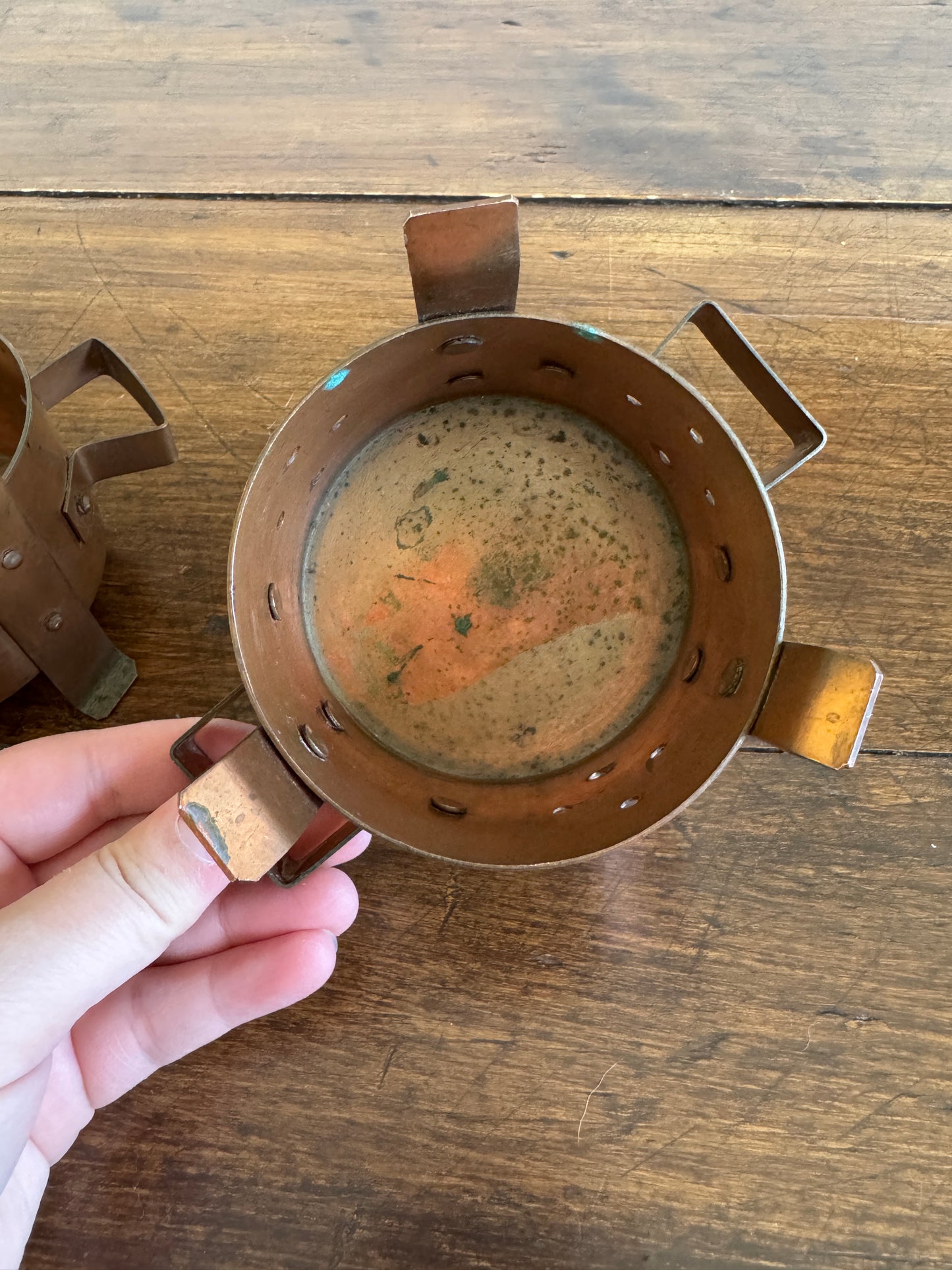 Two Copper Warming Holders - Two Copper Reclaimed Candle Holders