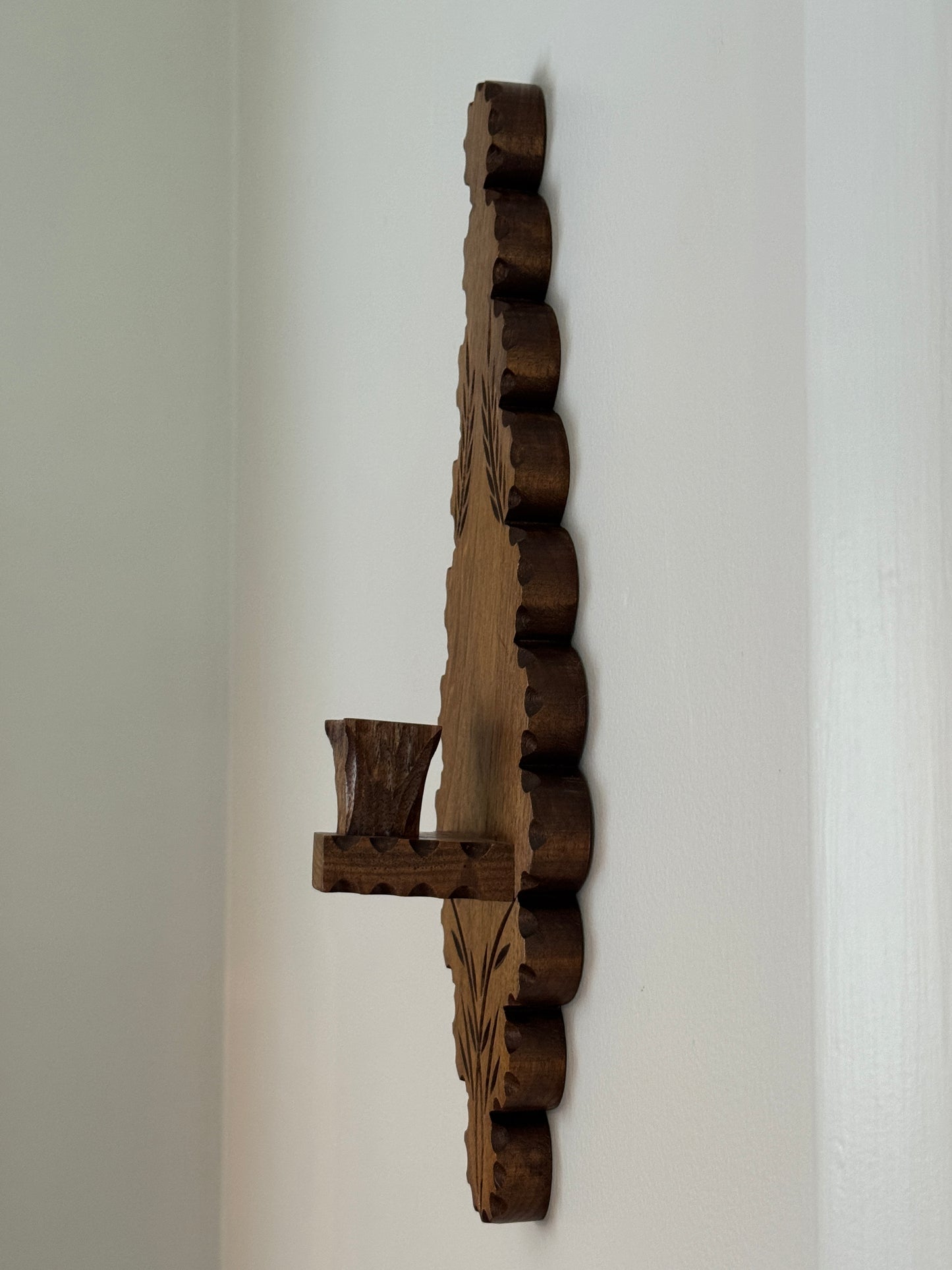 Vintage Wood Folk Art Carved Candle Sconce - Wall Mounted