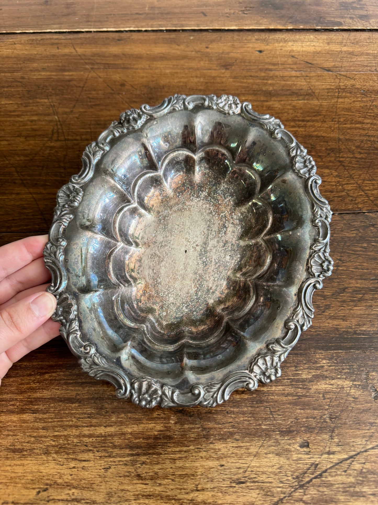 Silver Plated Scalloped Bowl with Lovely Worn Patina