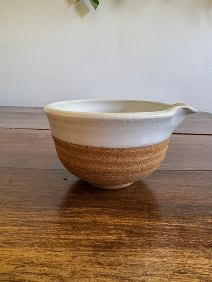 Brown and White Pottery Bowl with Pour Spout