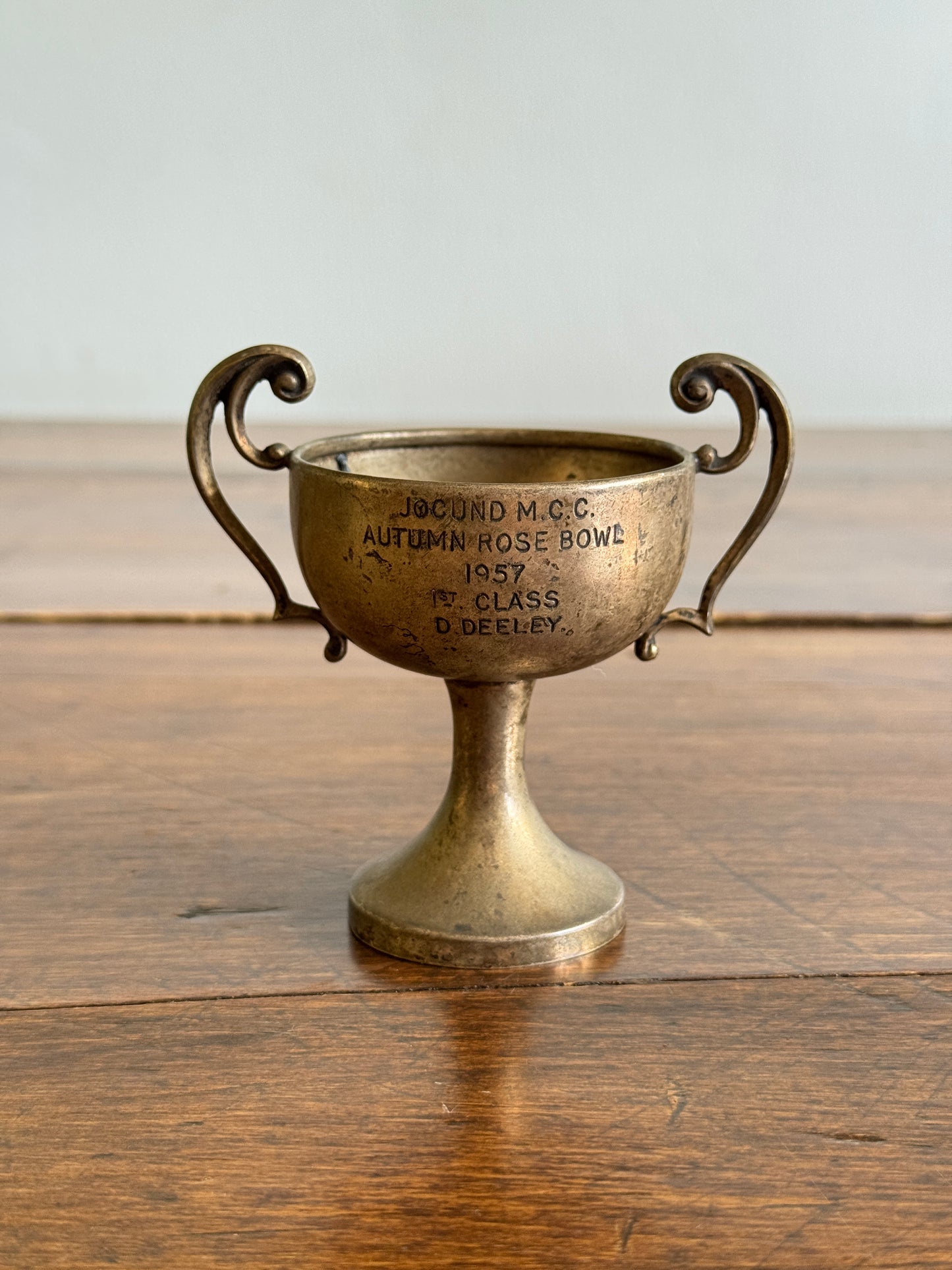 Mini Metal Trophy Jocund Motorcycle Club Autumn Rose Bowl 1957 1st Class to D. Deeley