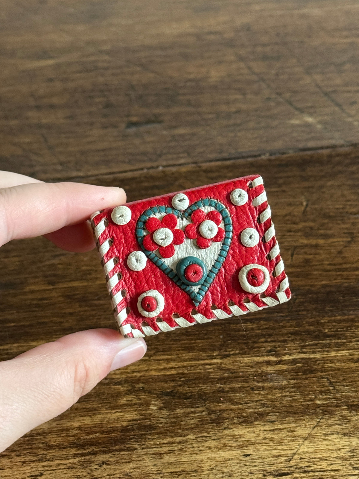 Small Decorative Tooled Leather Match Box Cover/Holder with Heart Design