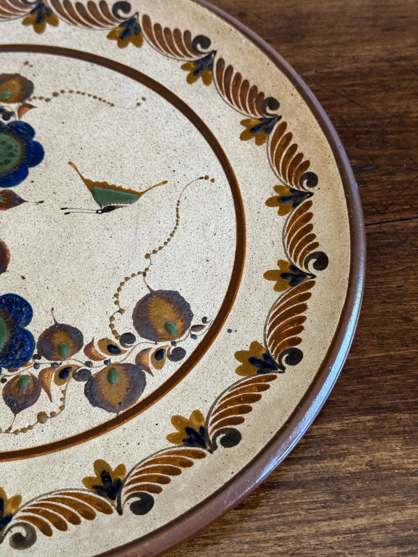 Vintage Large Mexico Pottery Plate with Flower and Bird Painting