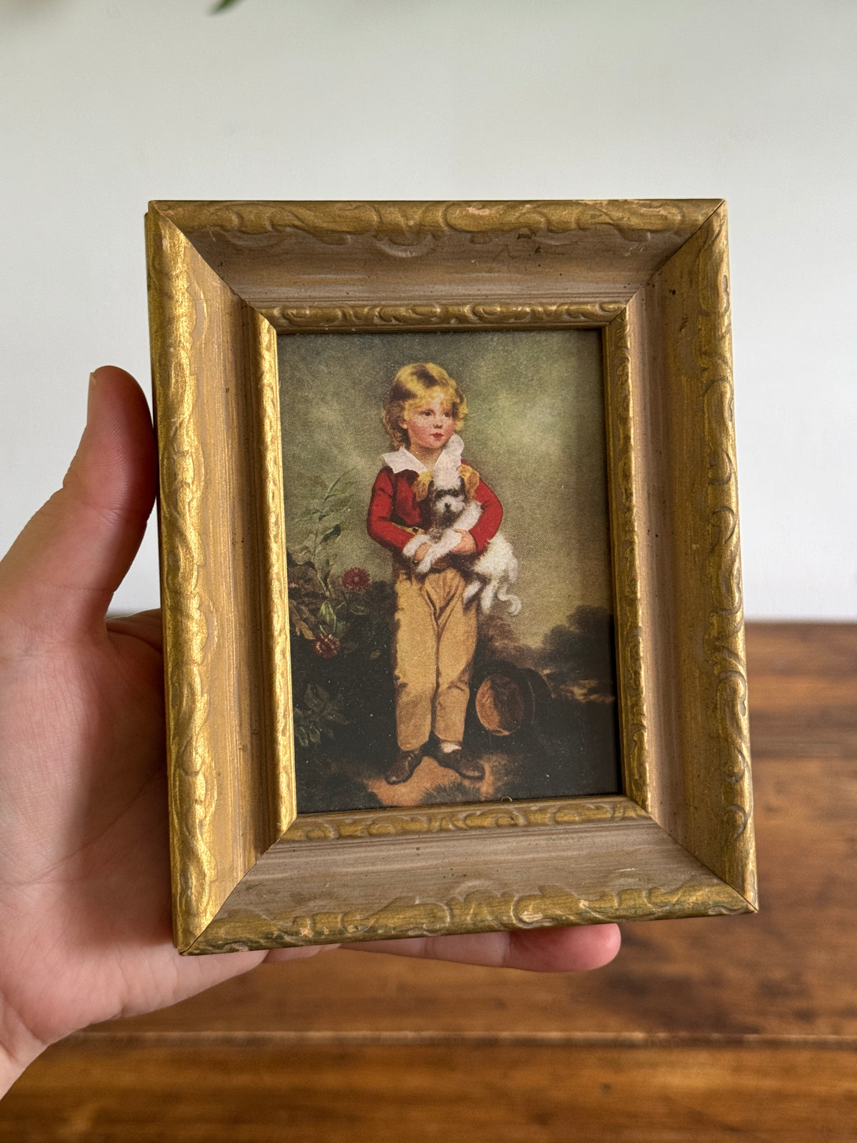 Vintage Boy with Dog Print in Wood Frame