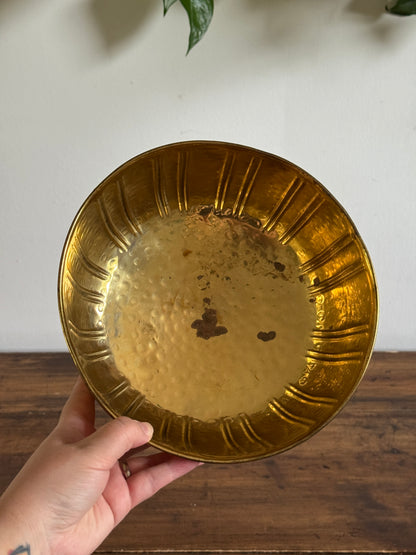 Vintage Shiny Brass Raised Bowl with Hammered Texture and Grooved Sides