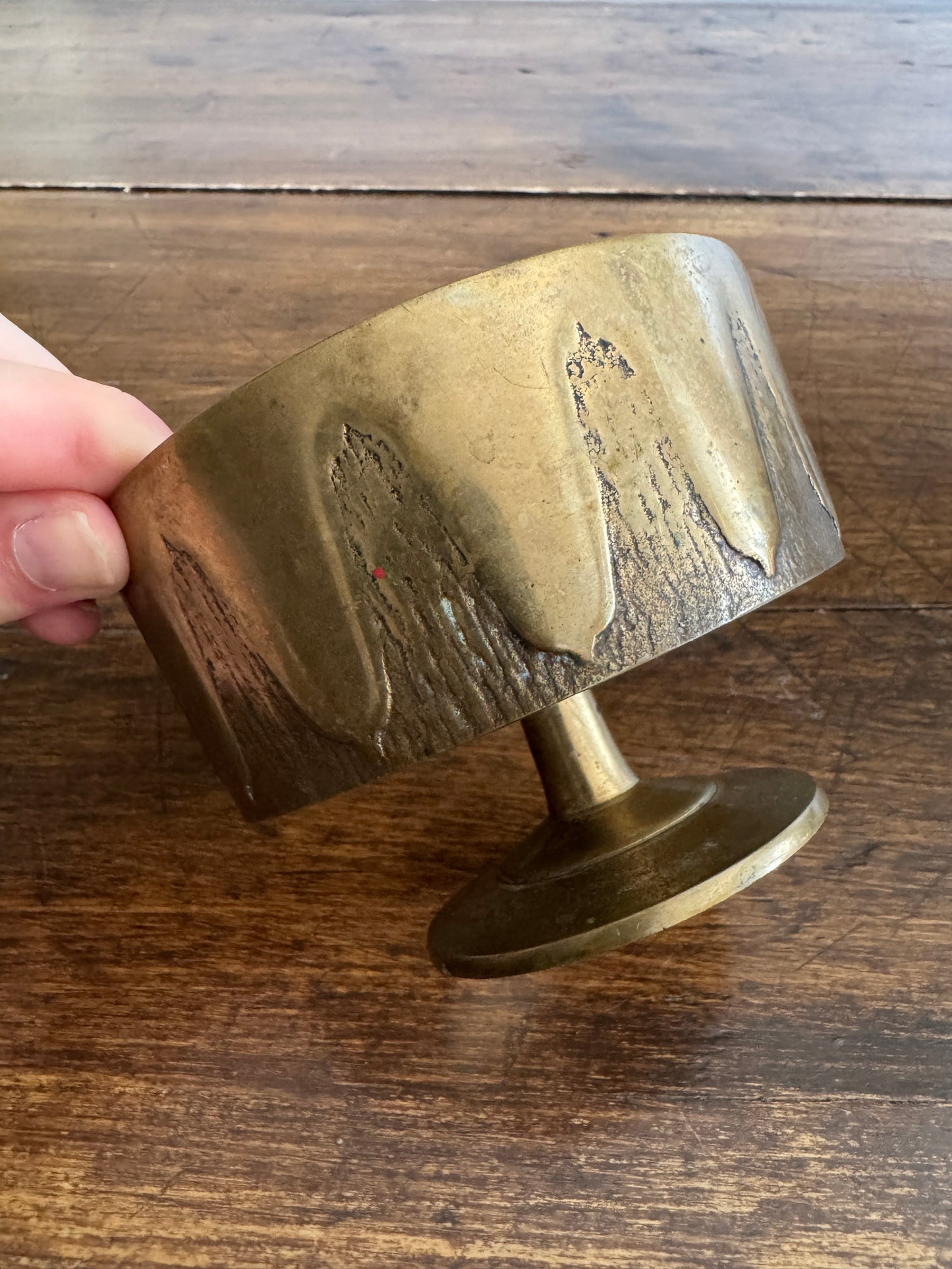 Vintage Korean Brass Dish with Raised Pedestal Design and Side Detailing