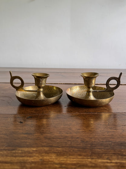 Vintage Brass Etched Floral Candle Holder Pair - Made in India