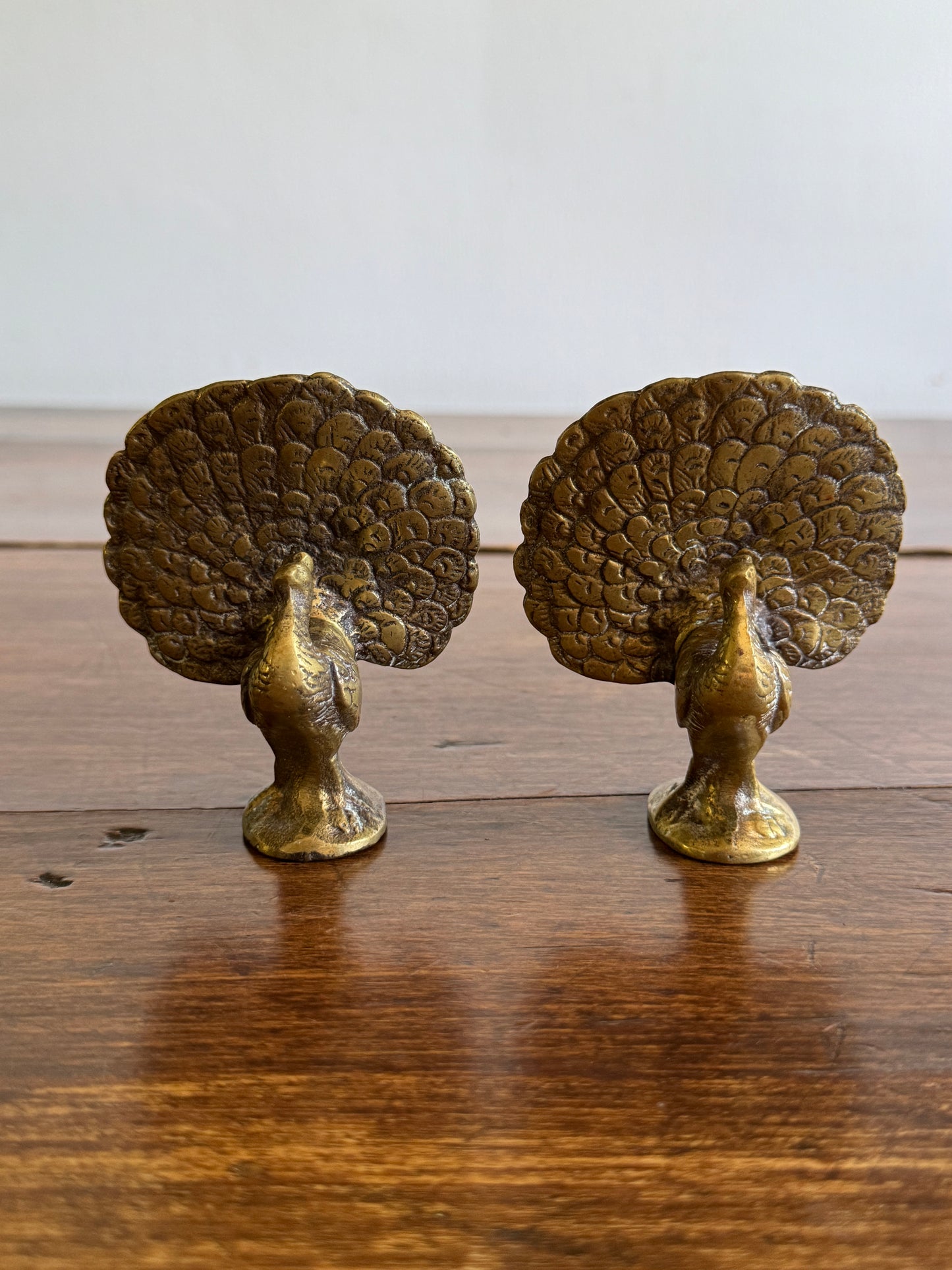 Vintage Pair of Brass Peacocks with Opened Fan Tail Feathers
