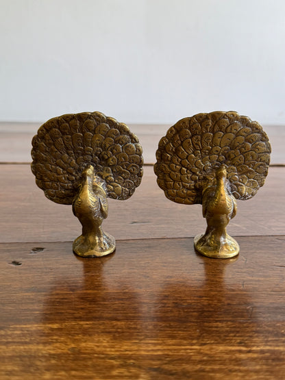 Vintage Pair of Brass Peacocks with Opened Fan Tail Feathers