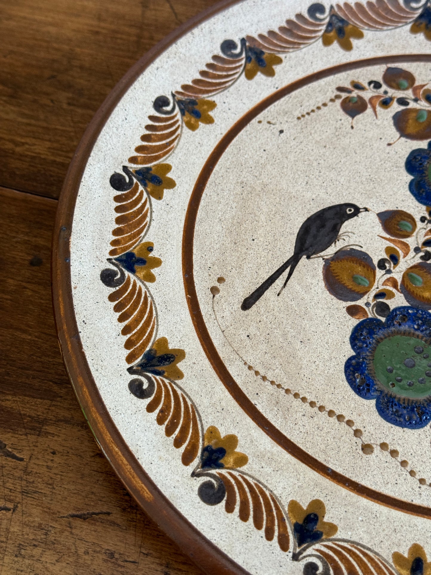 Vintage Large Mexico Pottery Plate with Flower and Bird Painting