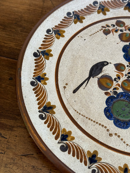 Vintage Large Mexico Pottery Plate with Flower and Bird Painting