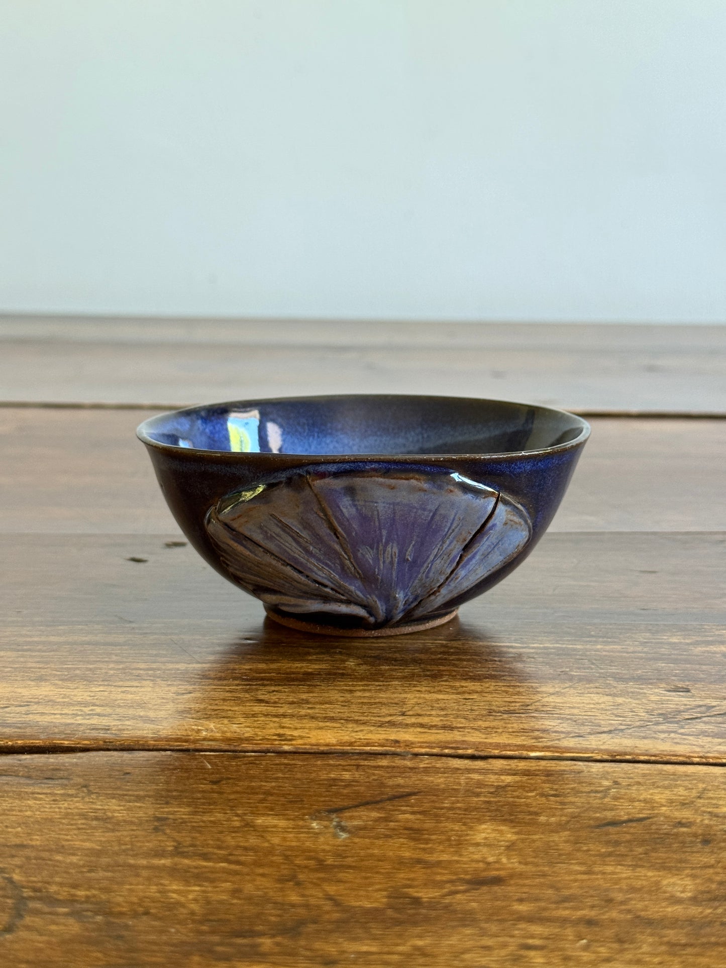 Hand Crafted Small Pottery Bowl with Leaf Design and Beautiful Blue Tones