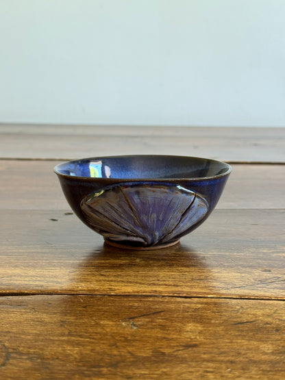 Hand Crafted Small Pottery Bowl with Leaf Design and Beautiful Blue Tones