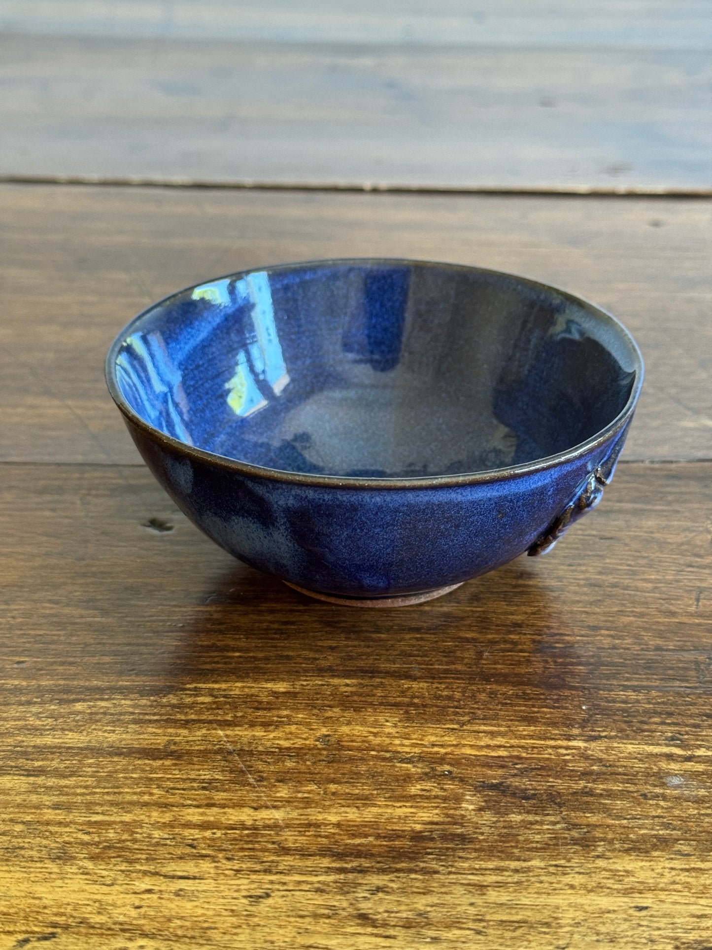 Hand Crafted Small Pottery Bowl with Leaf Design and Beautiful Blue Tones
