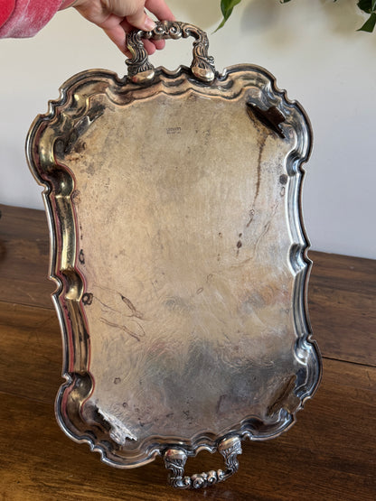 Vintage Large Leonard Silver Plated Over Brass Ornate Serving Platter with Raised Feet and Etched Detailing - Silver Plated Butler Tray