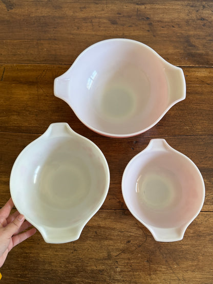 Set of Three Pink Gooseberry Pyrex Cinderella Nesting Mixing Bowls
