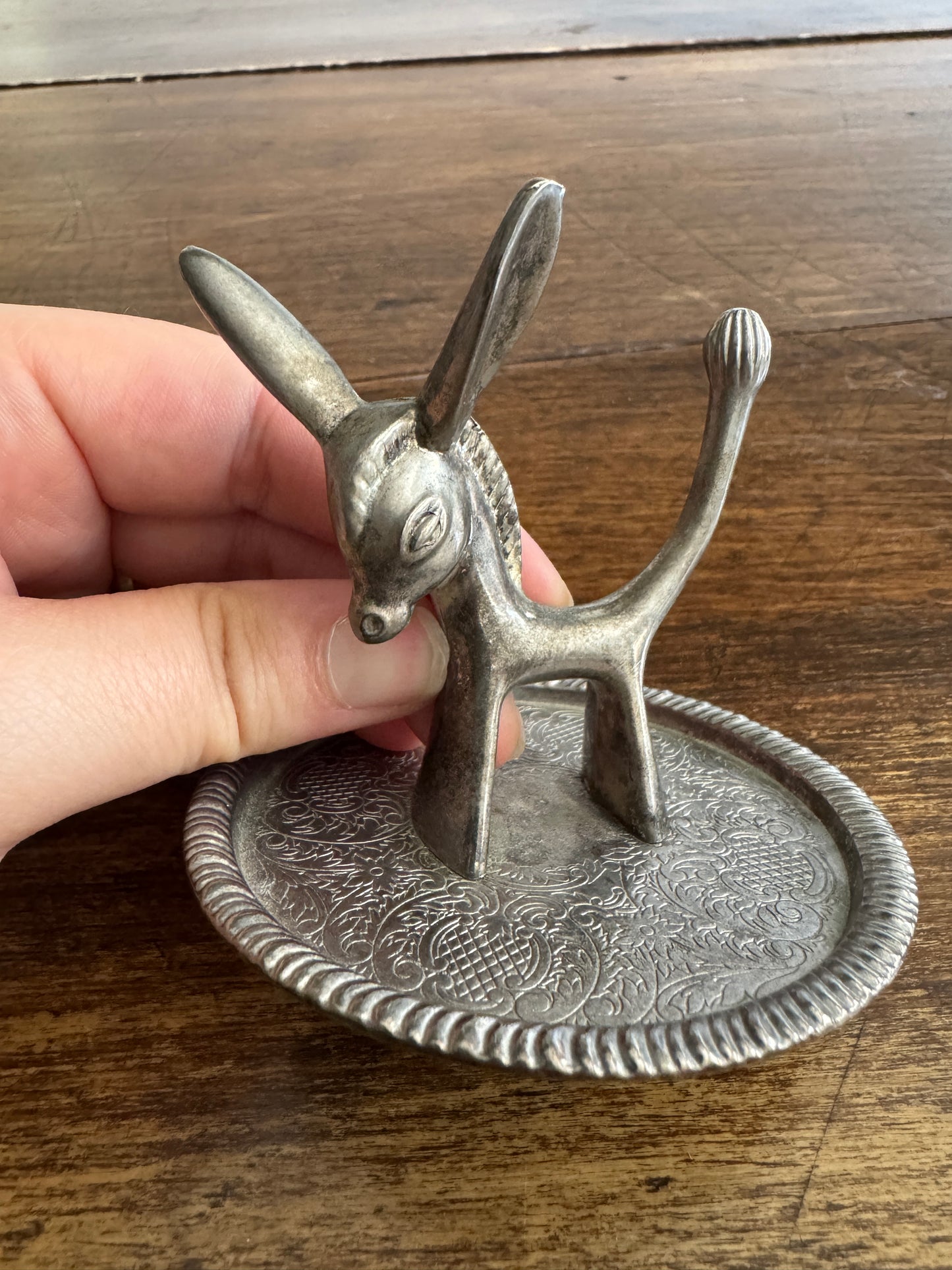 Vintage Donkey Silverplated Ring Holder with Etched Bottom Tray