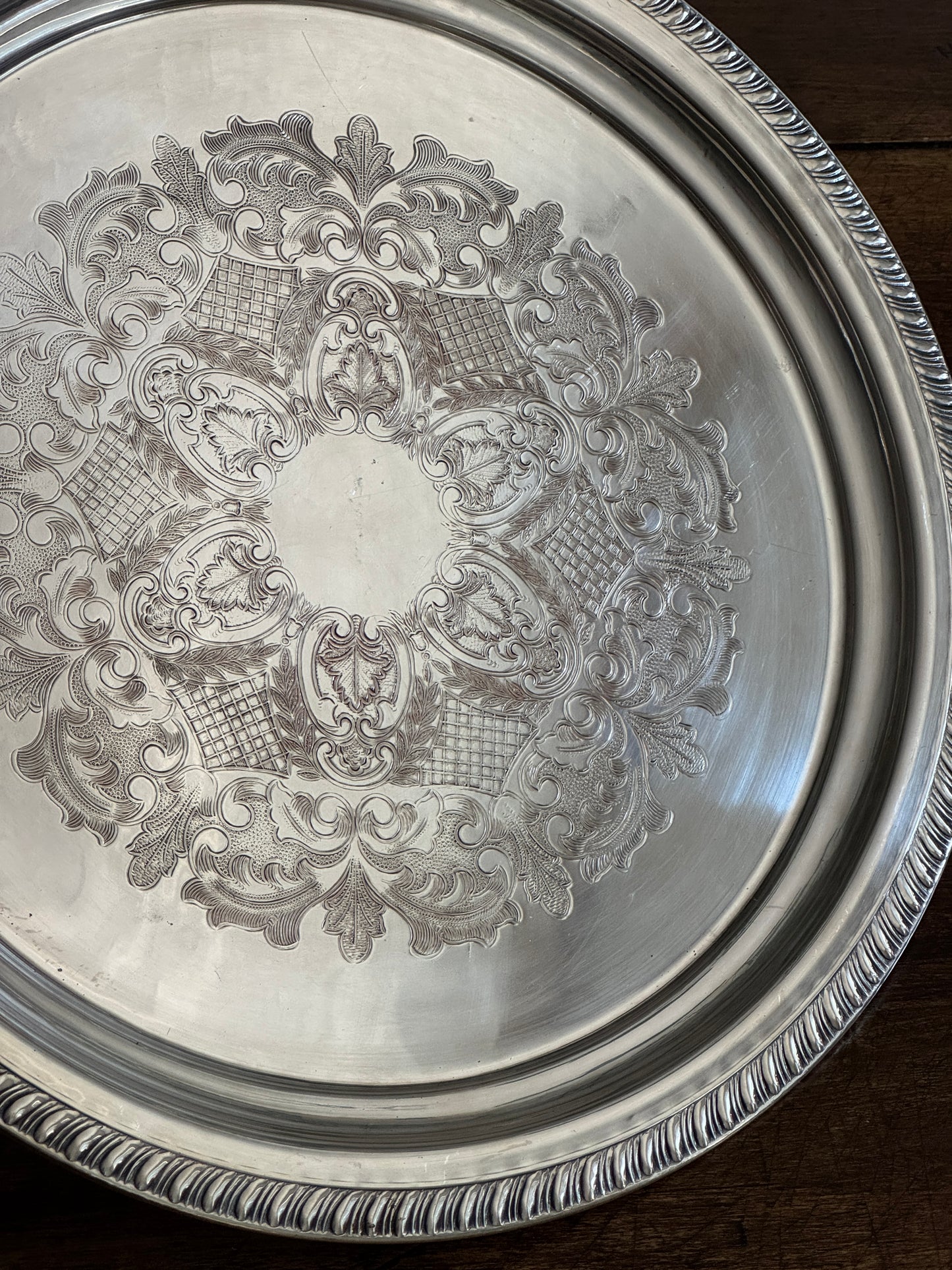 Large Vintage Viking Plate Silver E.P. on Copper Round Tray with Etched Detailing