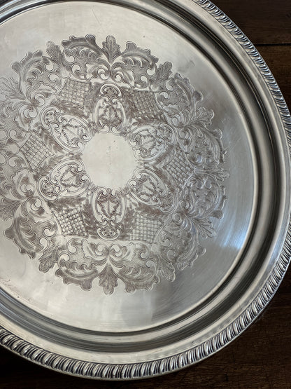 Large Vintage Viking Plate Silver E.P. on Copper Round Tray with Etched Detailing