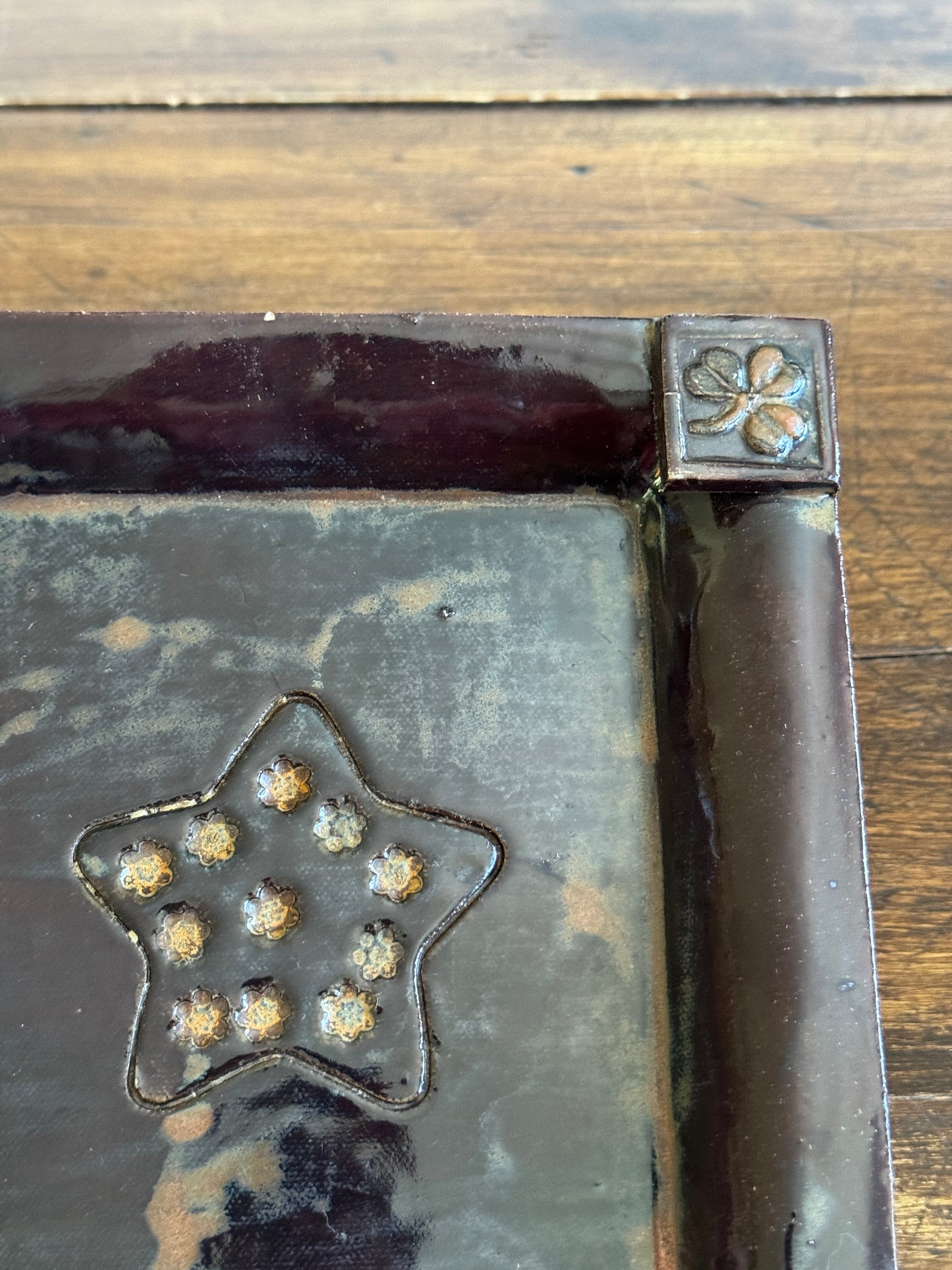 Vintage Folk Art Style Pottery Plate with Star Dish and Corner Embellishments