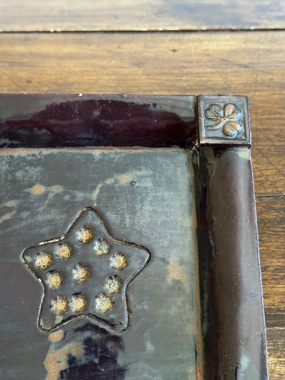 Vintage Folk Art Style Pottery Plate with Star Dish and Corner Embellishments