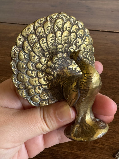 Vintage Pair of Brass Peacocks with Opened Fan Tail Feathers