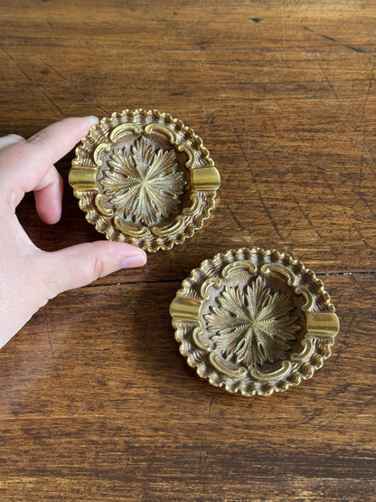Two Heavy Ornate Brass Personal Sized Ashtrays with Stunning Scalloped and Flower Detailing