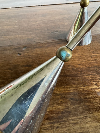 Vintage Pair of Memphis Design Style Candle Holders - Silver Tone with Brass Metal Candlestick Holders - Modernist Design