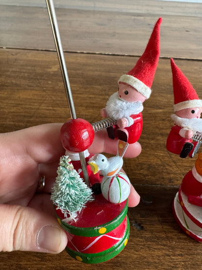 Two Wood Ornaments with Moveable Santa Figurine and Base Figurines - Made in Taiwan
