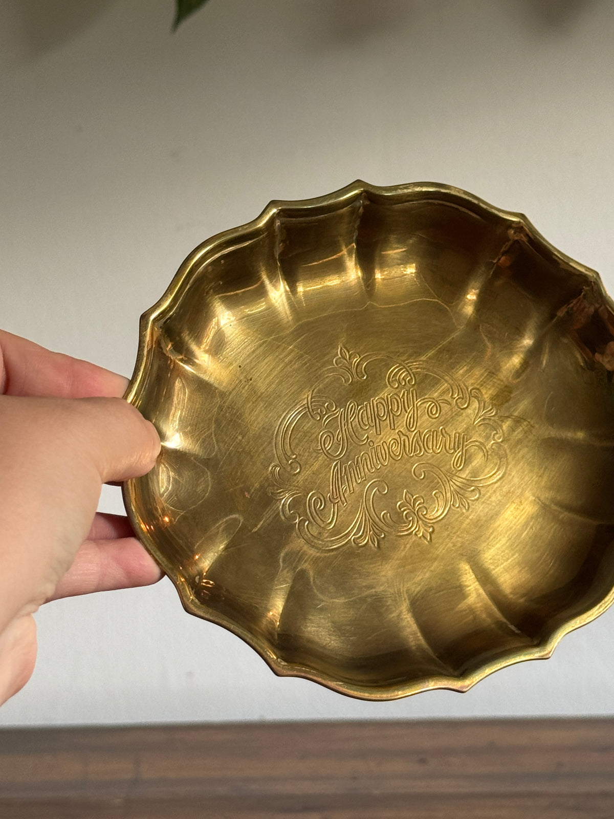 Vintage Brass Anniversary Tray - Happy Anniversary Engraved Dish