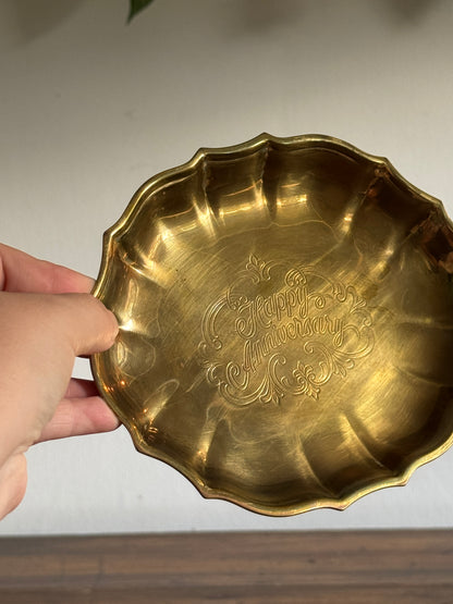 Vintage Brass Anniversary Tray - Happy Anniversary Engraved Dish