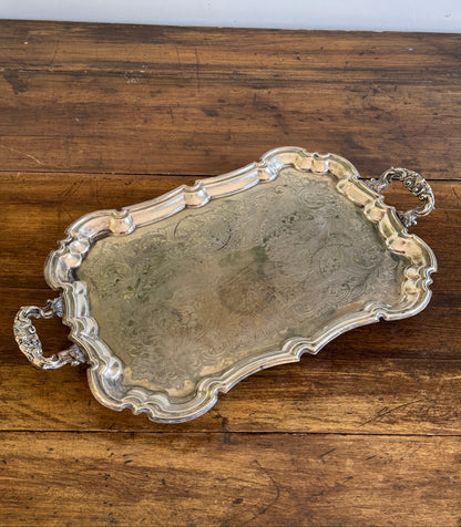 Vintage Large Leonard Silver Plated Over Brass Ornate Serving Platter with Raised Feet and Etched Detailing - Silver Plated Butler Tray