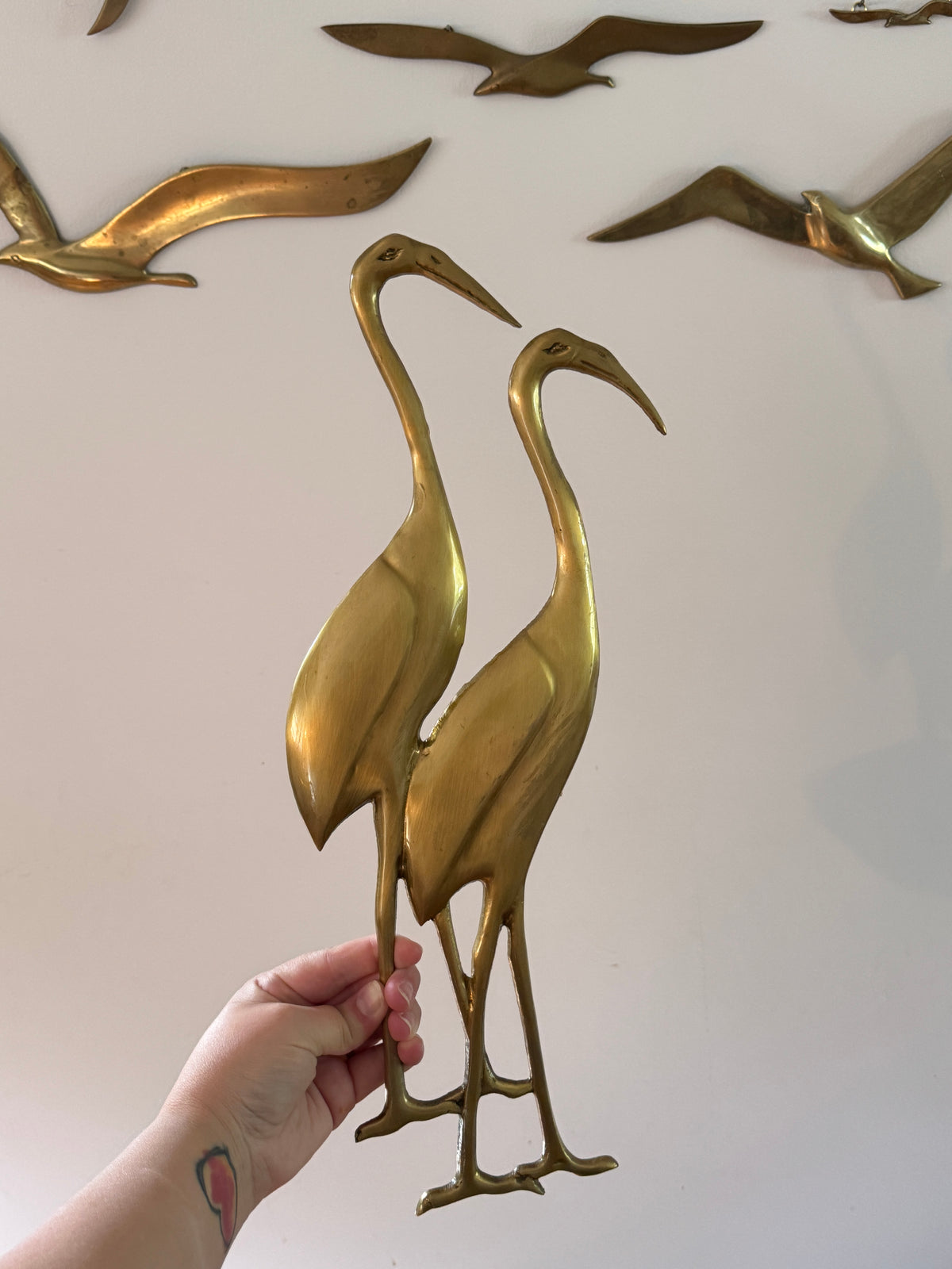 Vintage Brass Mid Century Bird Wall Hanger - Lacquered Brass Crane, Heron, Ibis Birds