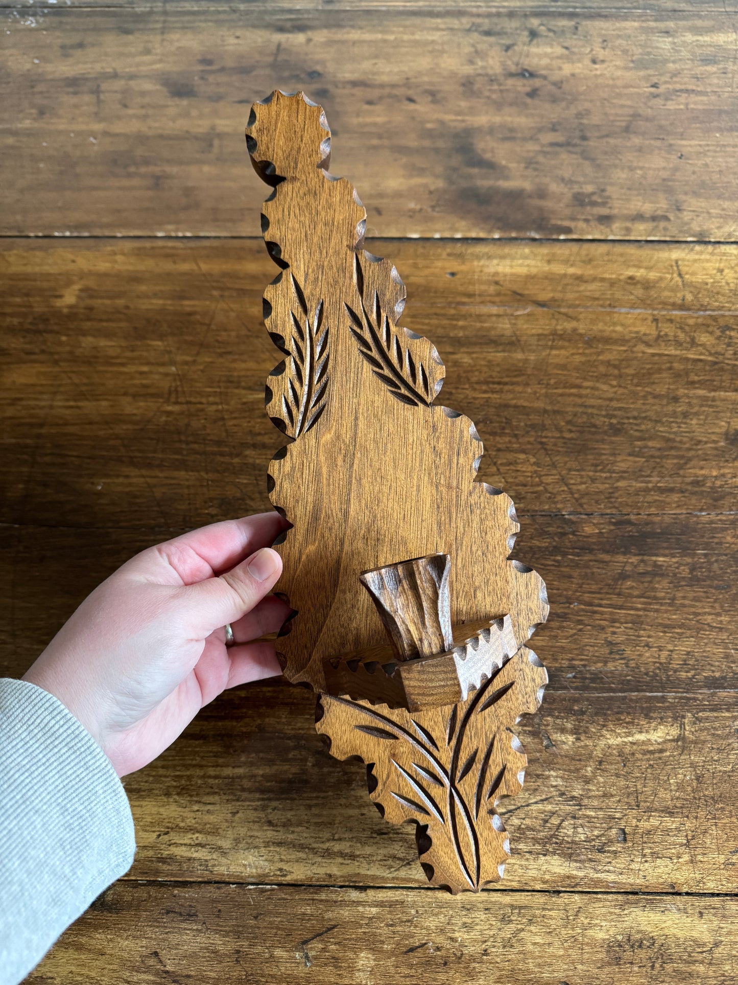 Vintage Wood Folk Art Carved Candle Sconce - Wall Mounted