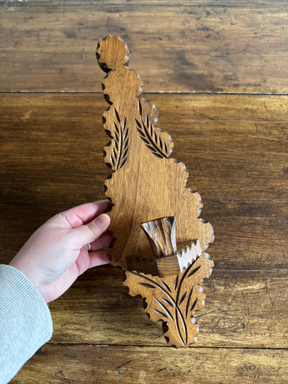 Vintage Wood Folk Art Carved Candle Sconce - Wall Mounted