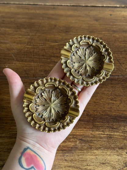 Two Heavy Ornate Brass Personal Sized Ashtrays with Stunning Scalloped and Flower Detailing