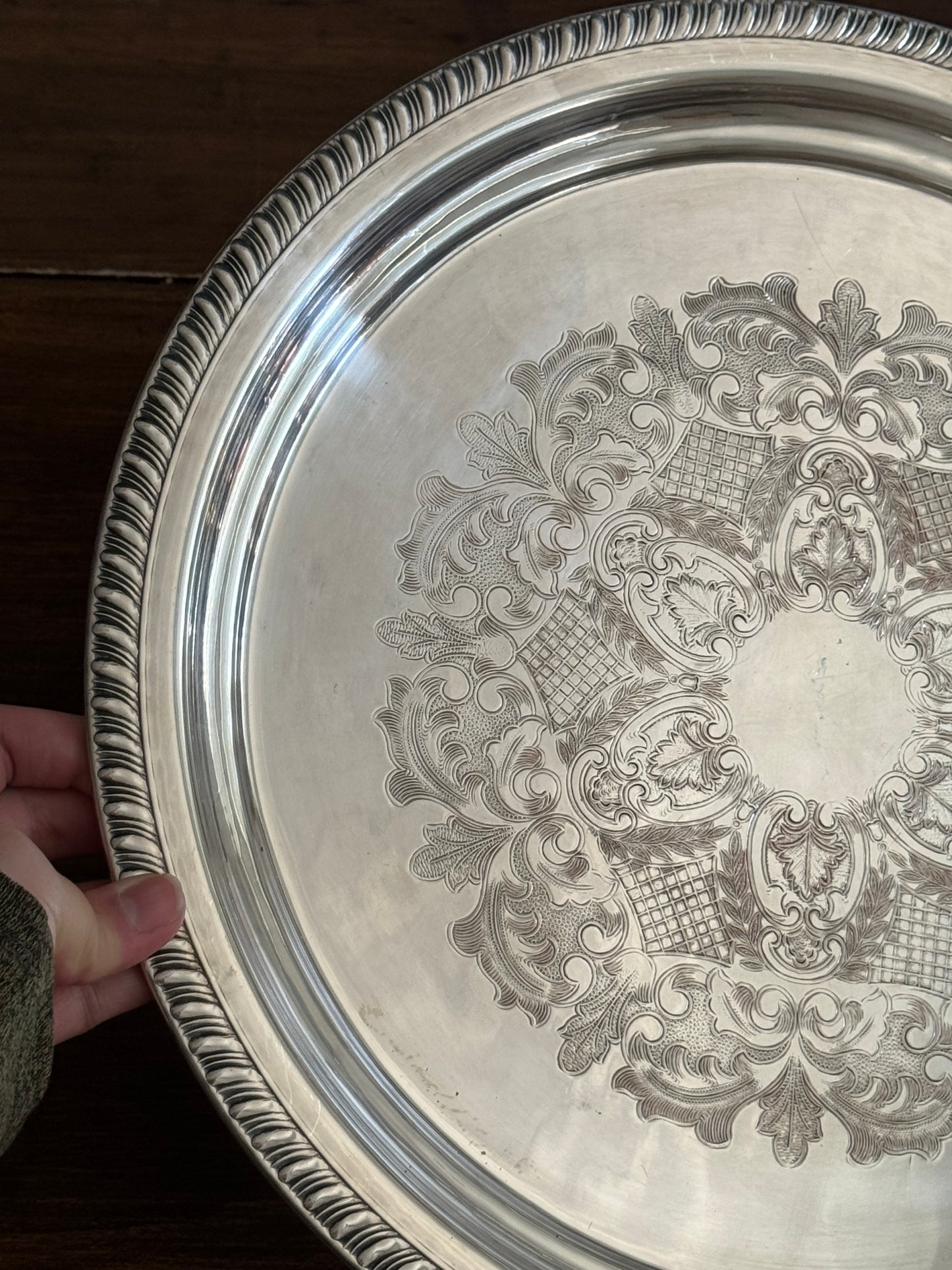 Large Vintage Viking Plate Silver E.P. on Copper Round Tray with Etched Detailing