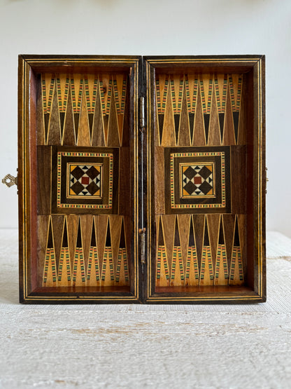 Small Travel Sized Folding Chess and Backgammon 2-in-1 Set with Stunning Marquetry Detailing and Wooden Pieces