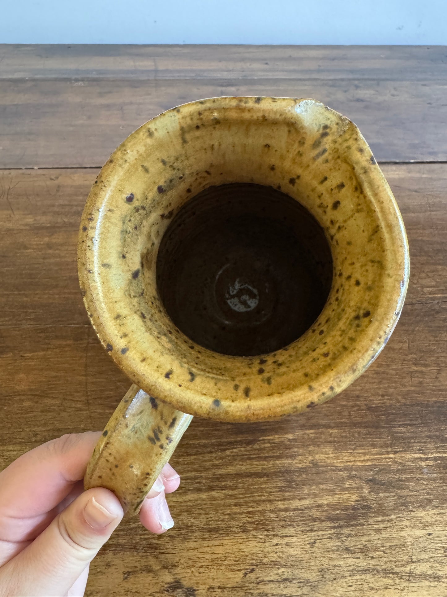Vintage Large Pottery Pitcher Vase with Brown Tones and Speckling