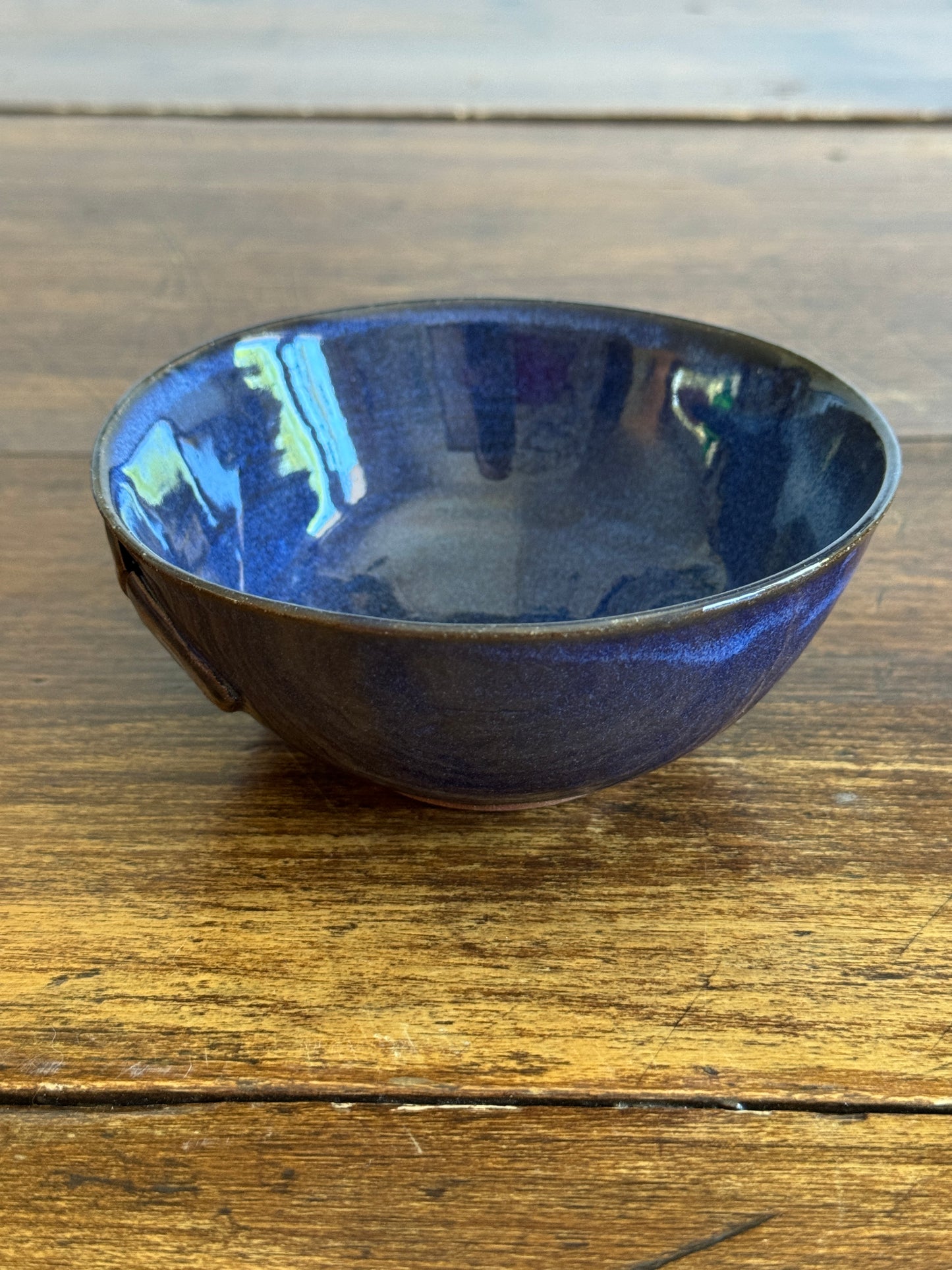 Hand Crafted Small Pottery Bowl with Leaf Design and Beautiful Blue Tones