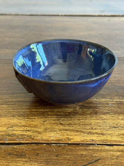 Hand Crafted Small Pottery Bowl with Leaf Design and Beautiful Blue Tones
