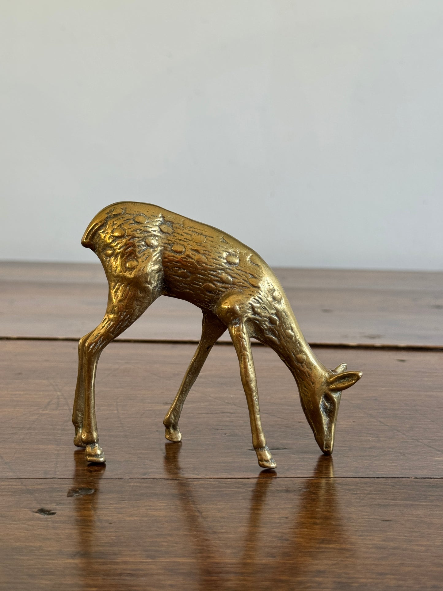 Pair of Vintage Brass Deer Figurines - Grazing Brass Deer