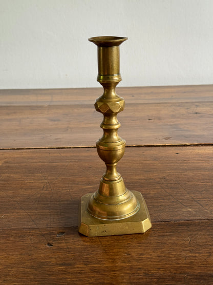 Single Vintage Brass Candlestick Holder with Squared Base and Ornate Post Detailing