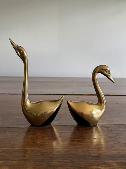 Set of Two Brass Swans with Black Base Detailing - Pair of Brass Birds