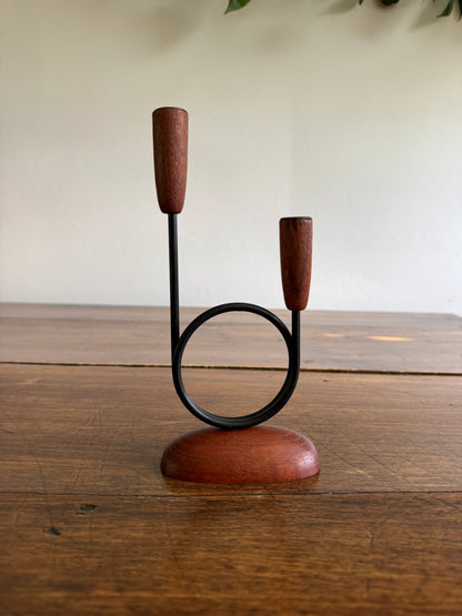 Vintage Teak Mid Century Candle Holder for Skinny Tapers