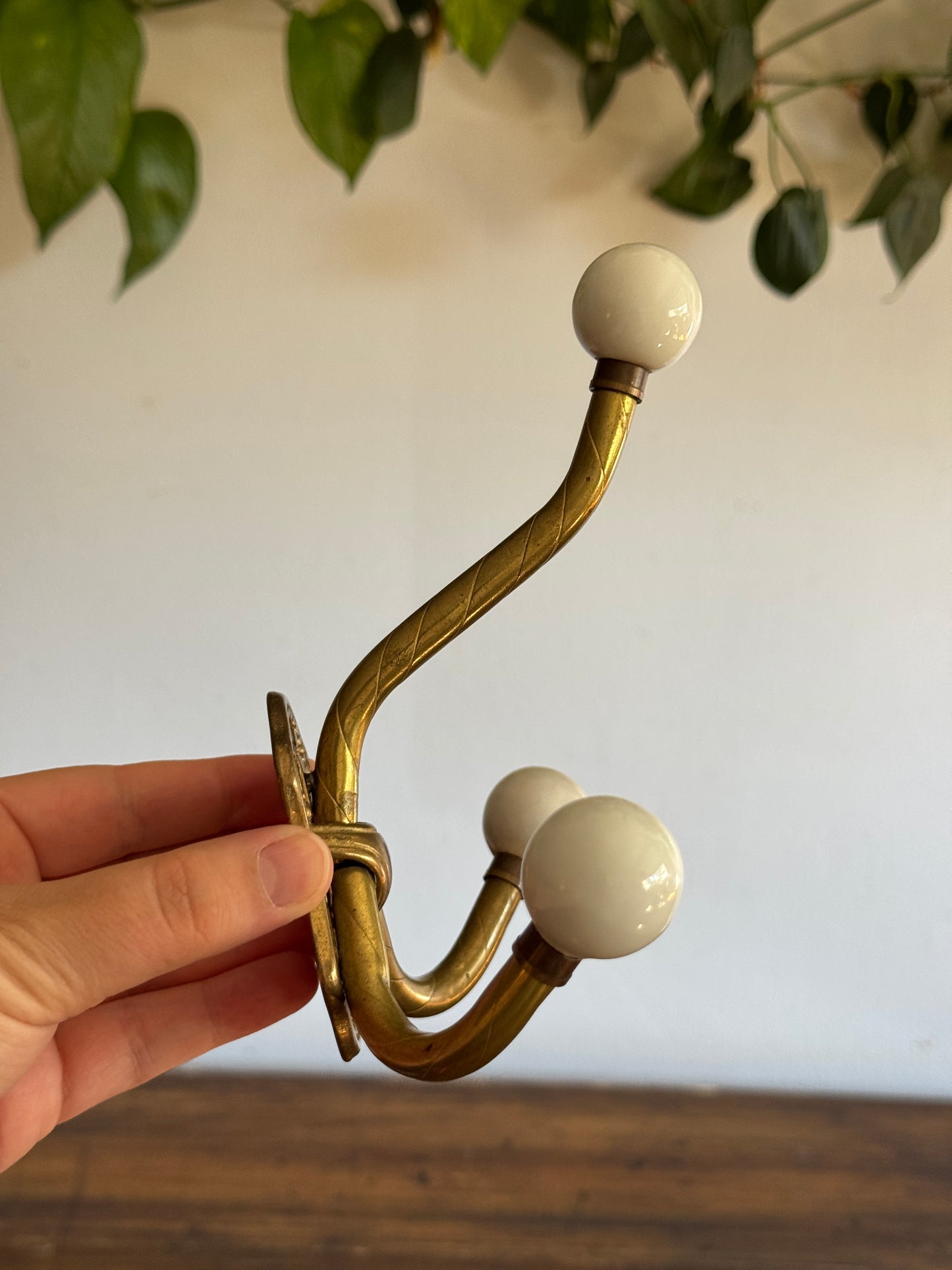 Vintage Ceramic Ball And Brass Wall Hook with Three Hooks