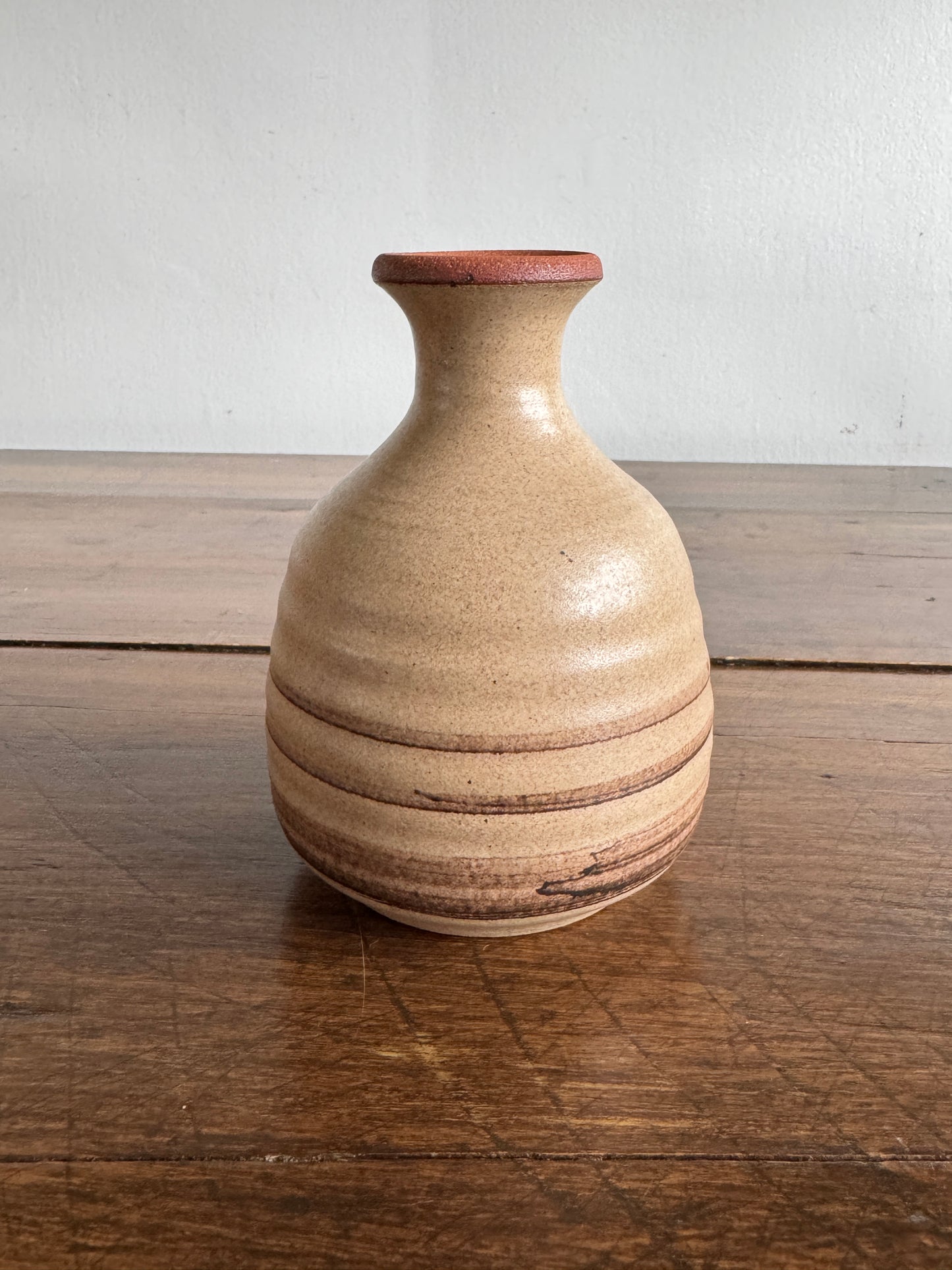 Earthenware Pottery Vase with Tan and Brown Stripe Detailing and Thin Fluted Neck