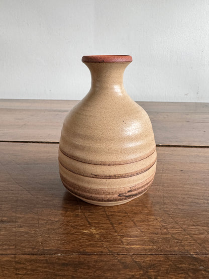 Earthenware Pottery Vase with Tan and Brown Stripe Detailing and Thin Fluted Neck