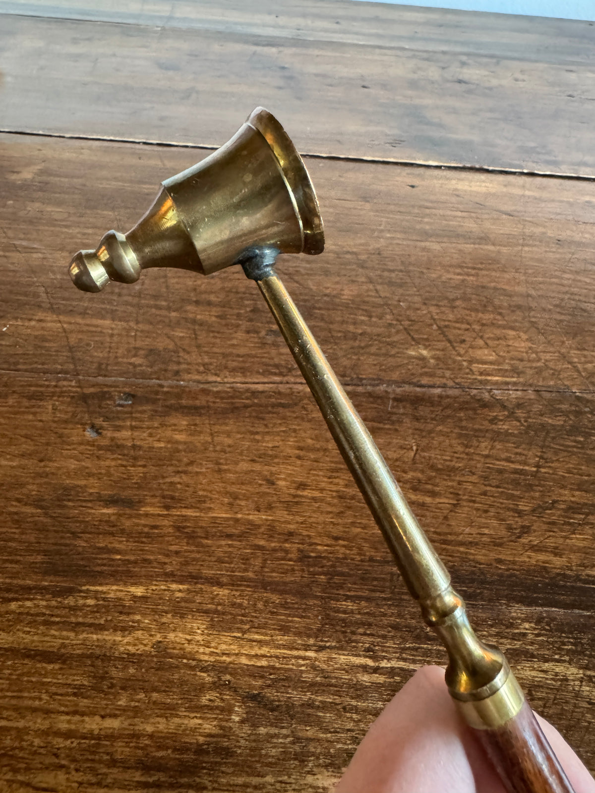 Wood and Brass Candle Snuffer with Ornate Cup