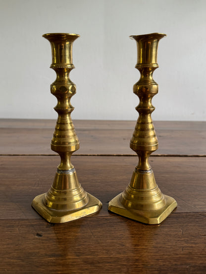 Vintage English Brass Candleholders Mixed Pair